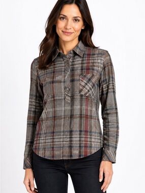 Bensimon Collection Women’s M Gray Plaid Flannel Long Sleeve Button-Up Shirt